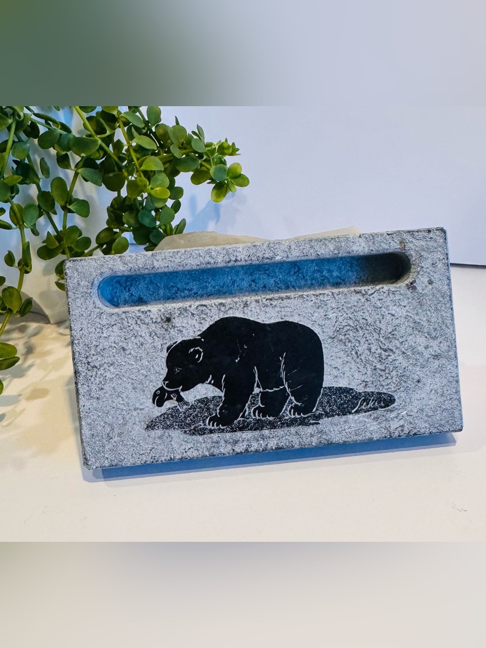 Genuine Canadian Soapstone Bear/Fish Motif Card Note Holder NWOT
